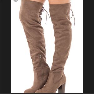 Thigh high taupe Windsor boots with black heel